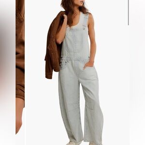 We The Free Good Luck Stripe Barrel Leg Overalls in Indigo Railroad (striped) SM